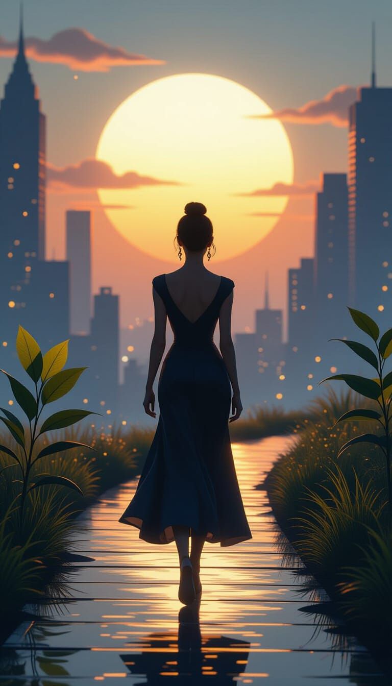 Woman Walking to Horizon in Dreamlike Painterly Style