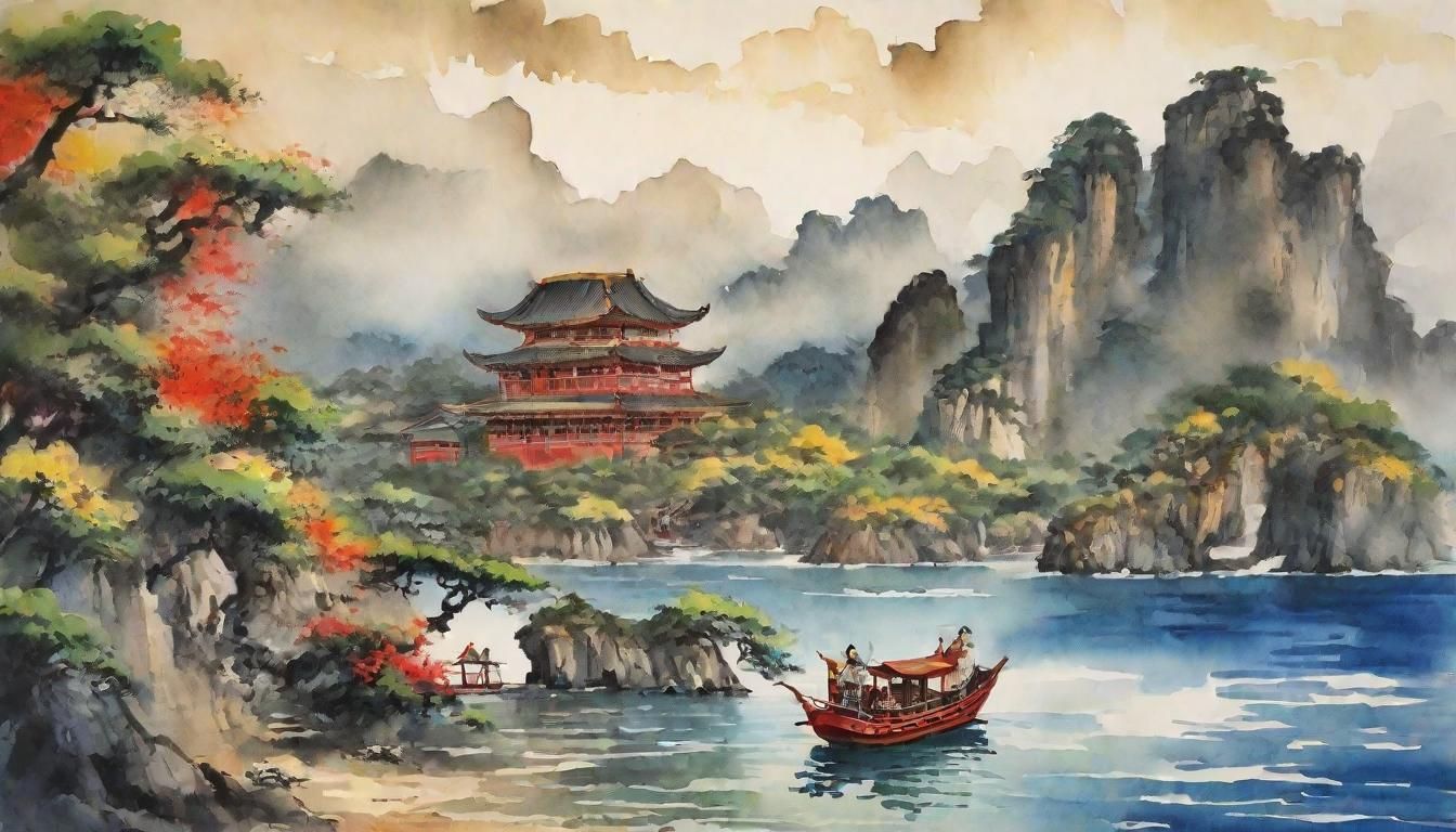 Emperor Visits Islands: Chinese Ink Gouache Painting
