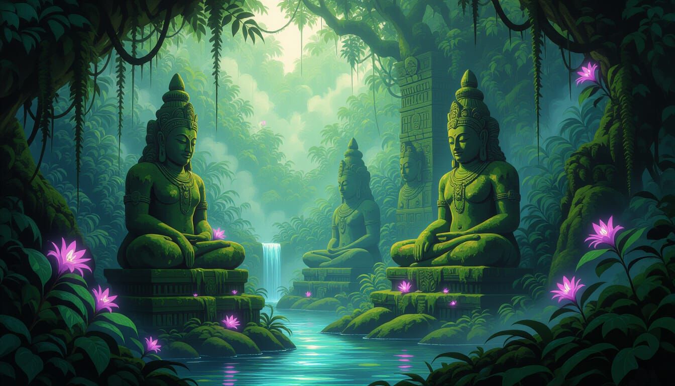 Ancient Jungle Statues Emerge from Overgrown Foliage