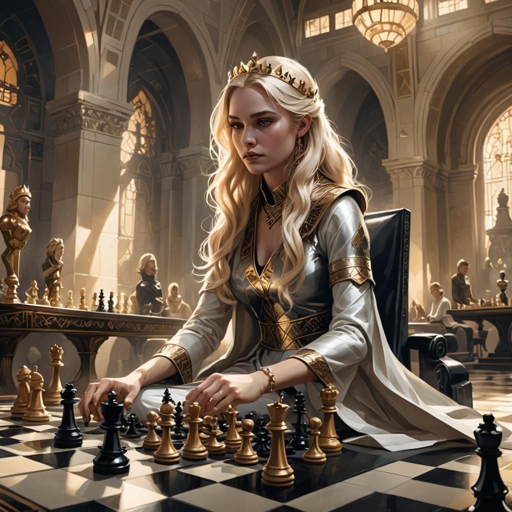 Queen Playing Chess in Art Deco Vault