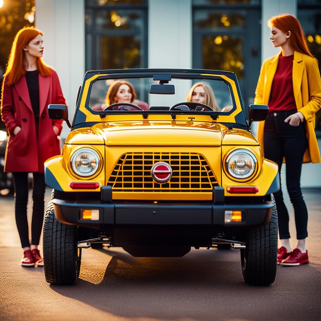 Redhead Women Pose with Two-Tone Electric Car