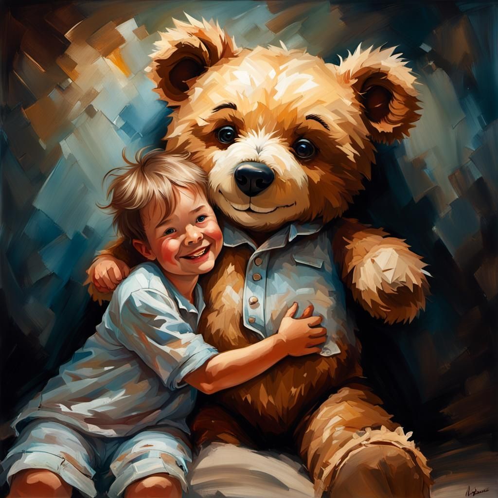 Child Hugging Teddy Bear in Oil Painting Style