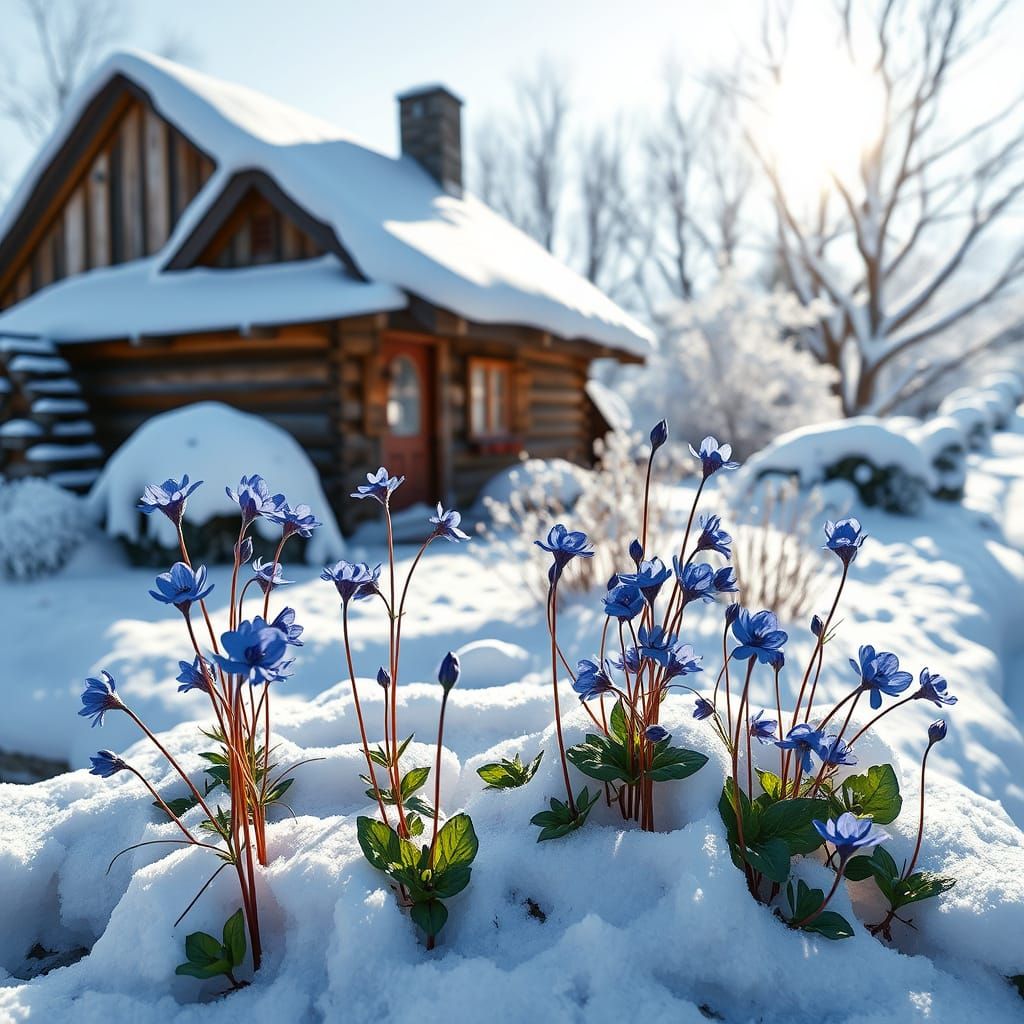Winter Wonderland with Vibrant Blue Hepatica Flowers