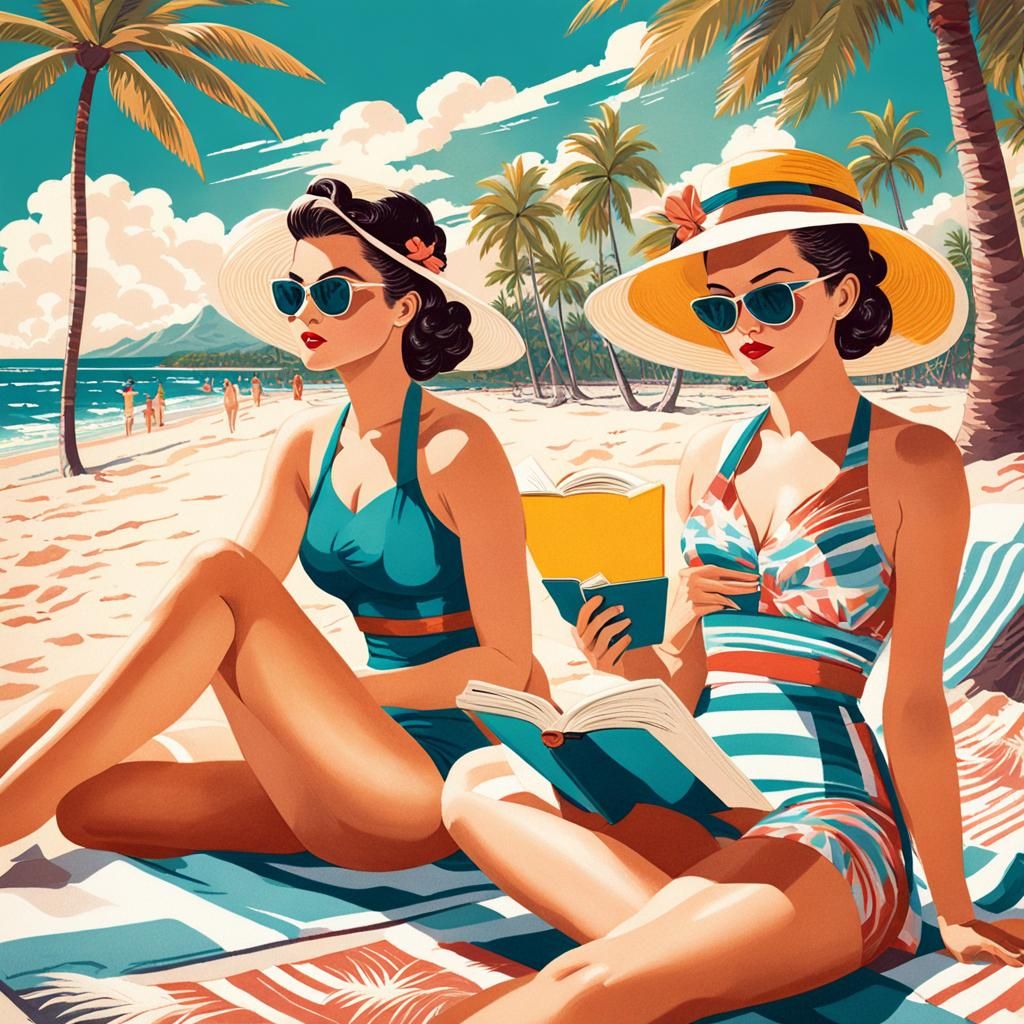 Vintage Hawaiian Beach Scene in 1950s Postcard Art