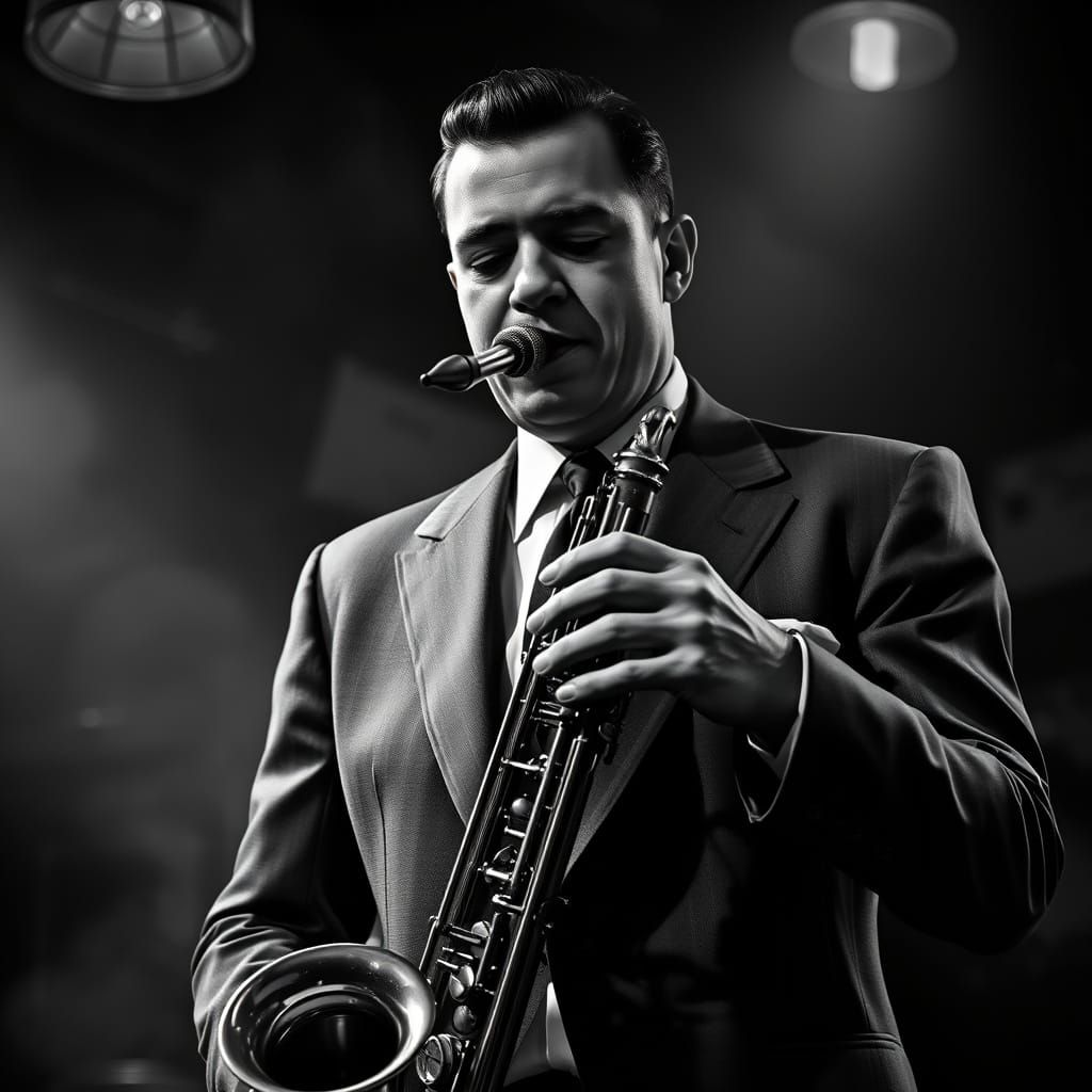 Jazz Musician Plays Saxophone in 1950s Club