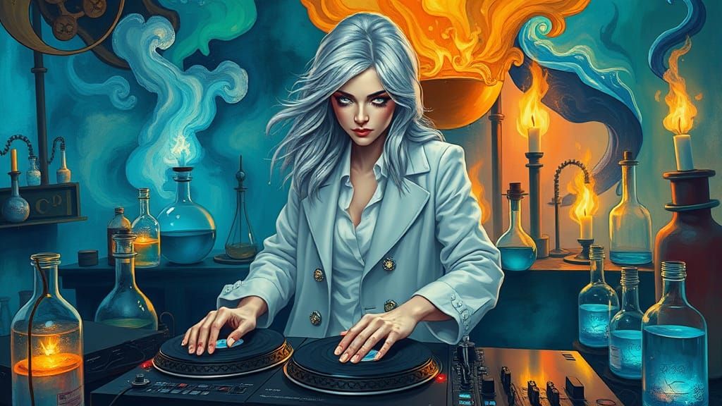 Ethereal Alchemist DJ in a Whimsical Laboratory