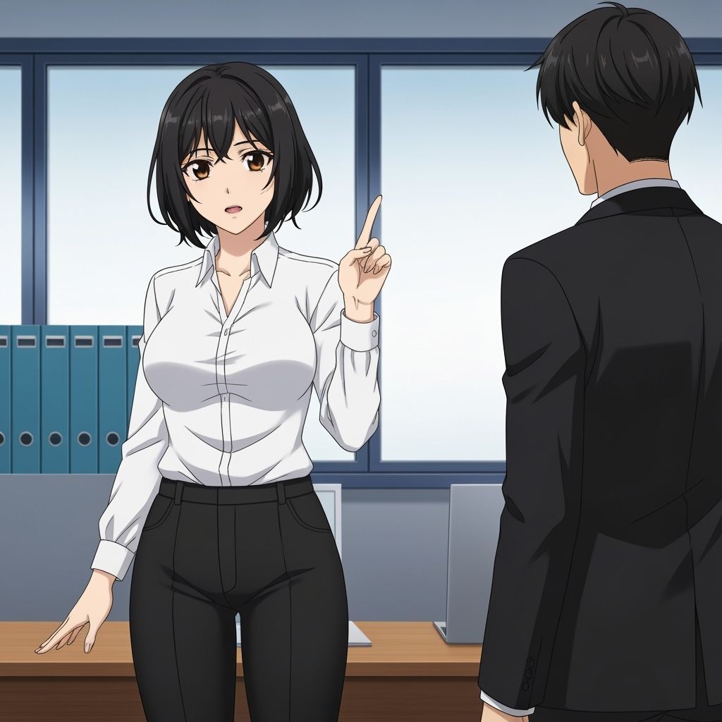 Anime Woman Orders Boss in Office Background