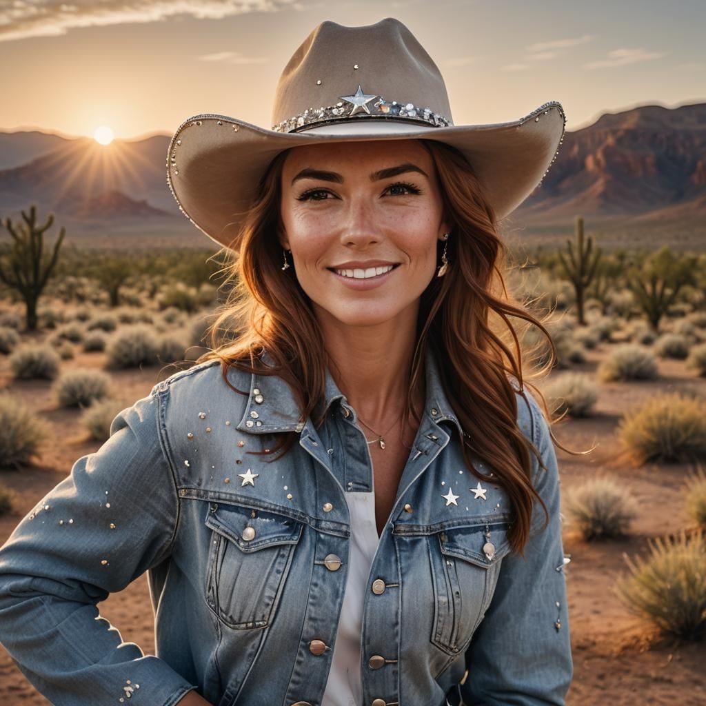 Cowgirl Portrait with Star Hat at Sunset