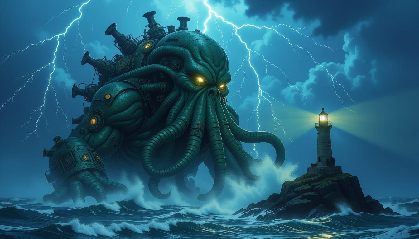 Steampunk Cthulhu Emerges from Stormy Depths