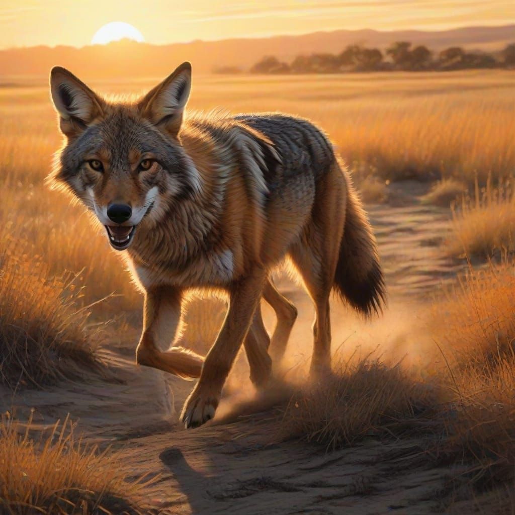 Coyote Runs Across Prairie: Detailed Charcoal Drawing