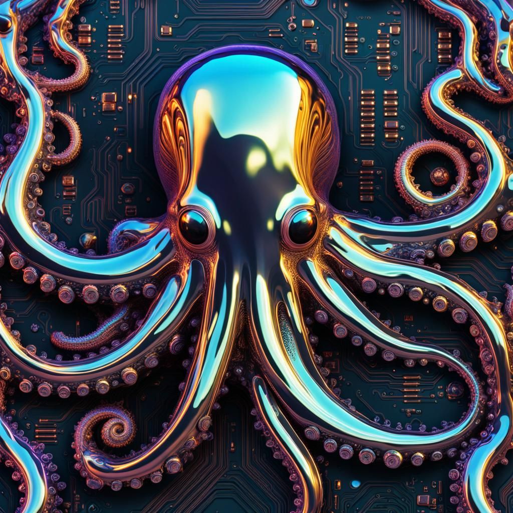 Cybernetic Octopus Portrait in Liquid Chrome