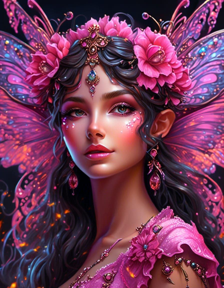Whimsical Pink and Black Fairy in Expressionist Style
