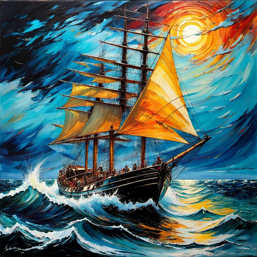 Stormy Seas: Sailing Boat in Encaustic Seascape