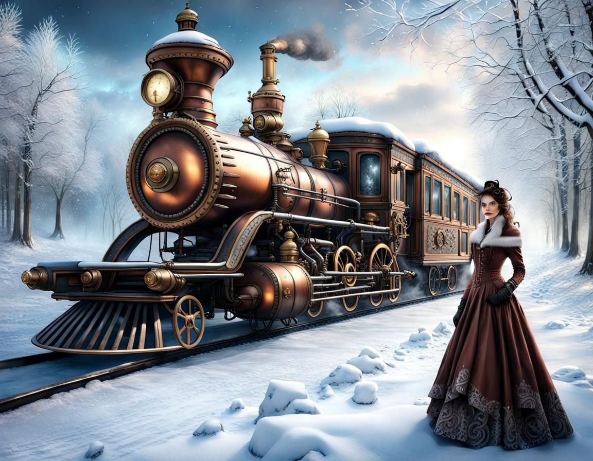 Steampunk Winter Wonderland Scene with Fantasy Elements