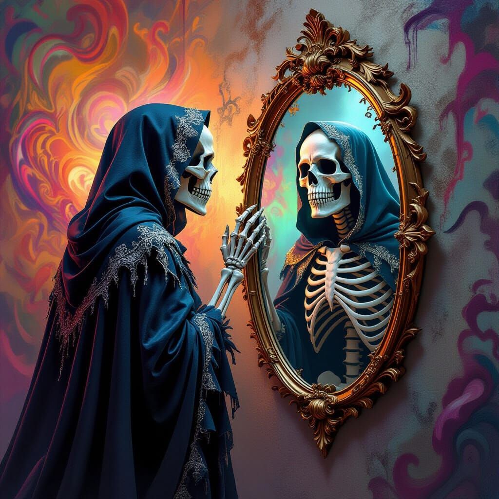 Death Personified Recoils From Mirror Reflection