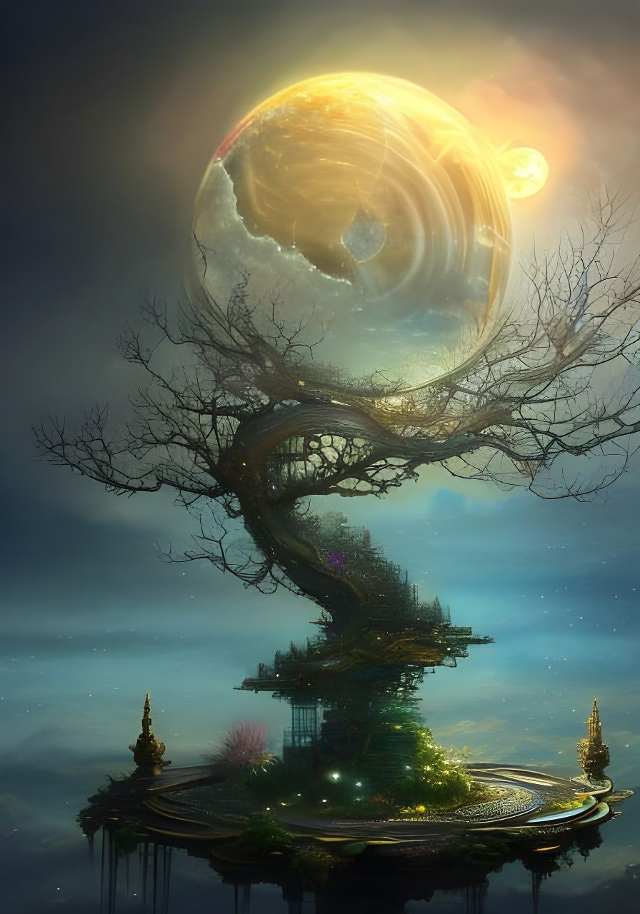 Clockwork Bonsai Village under Luminous Fantasy Sky
