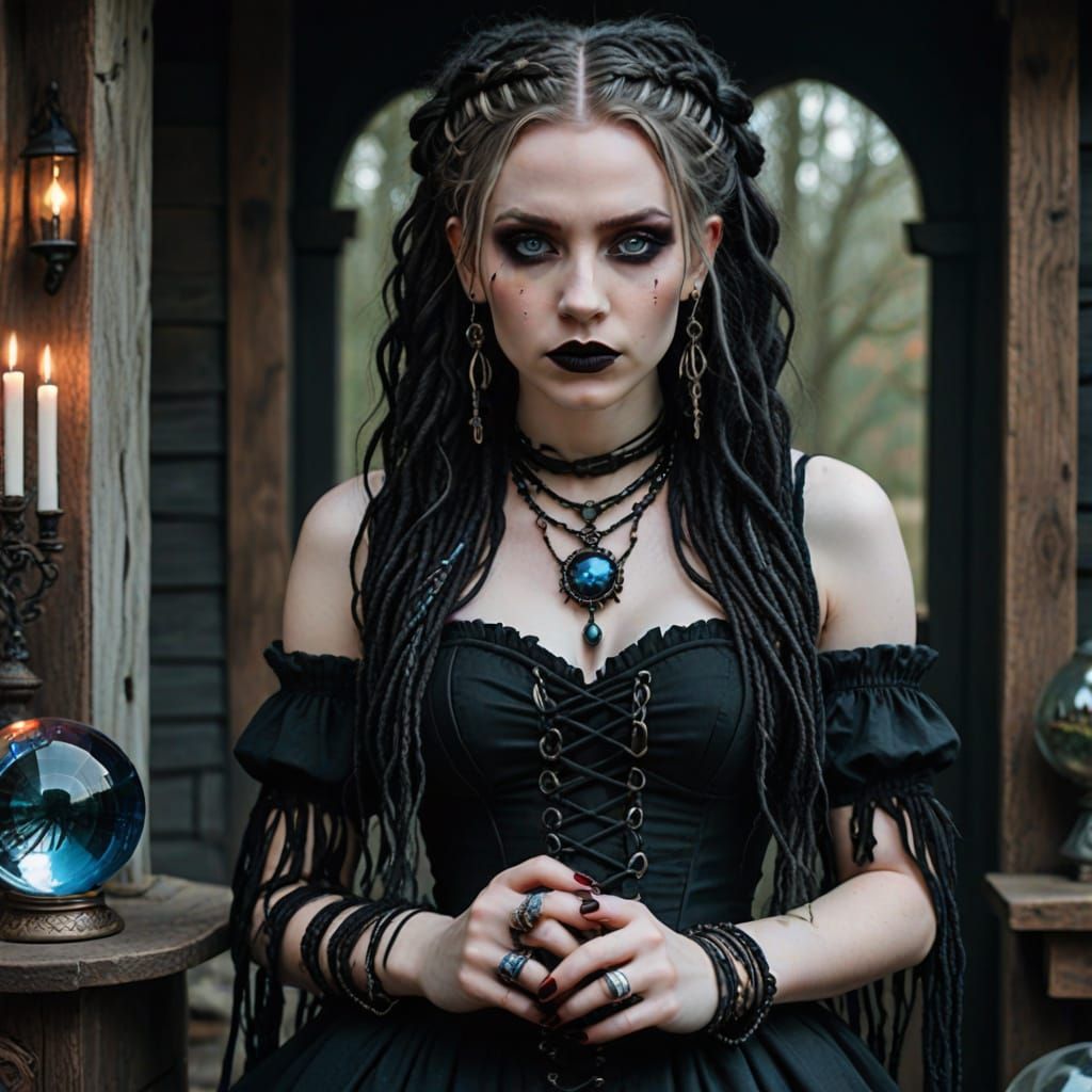 Mystical Witch with Crystal Ball in Cottage