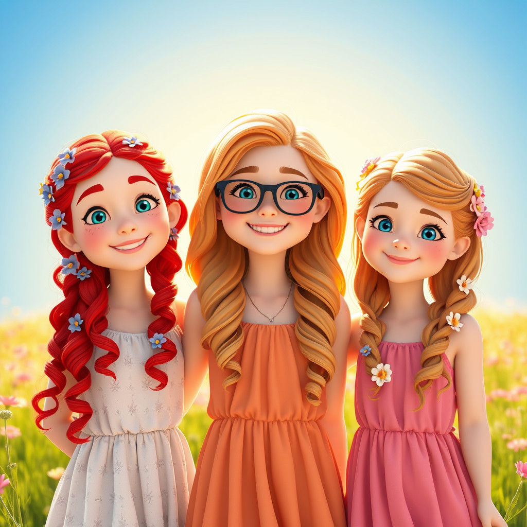 Girls in Meadow: Pixar-Style Friendship Portrait