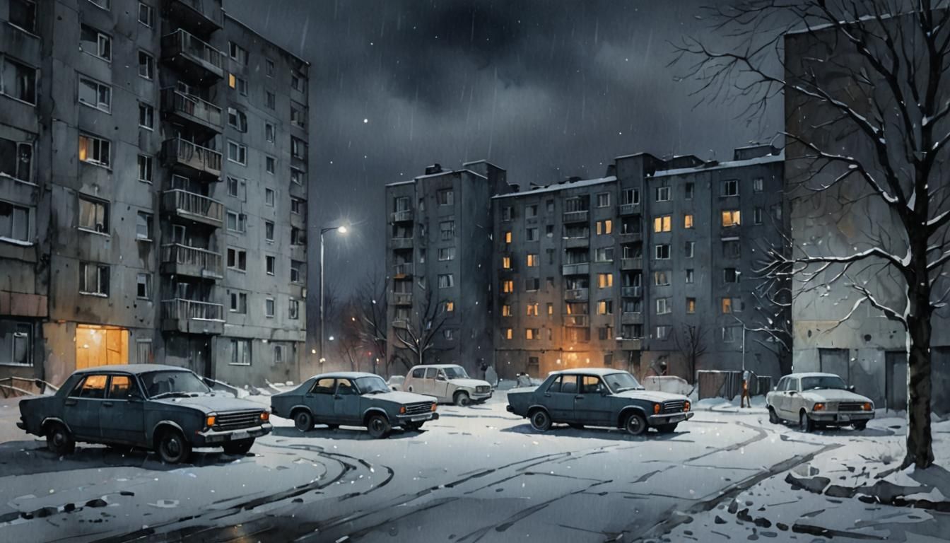 Snowy Soviet Cityscape at Night in Watercolor Style