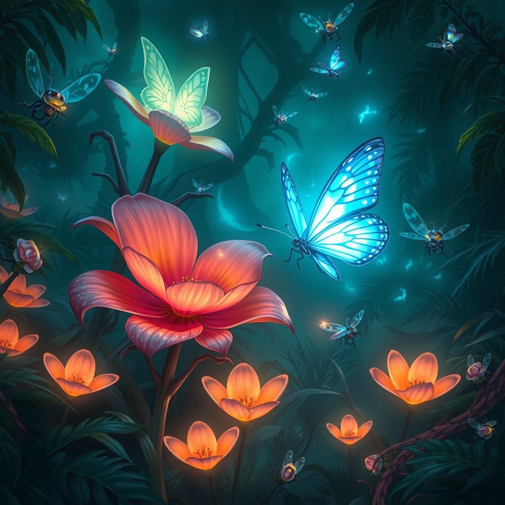 Bioluminescent Butterfly in Alien Jungle, Digital Art
