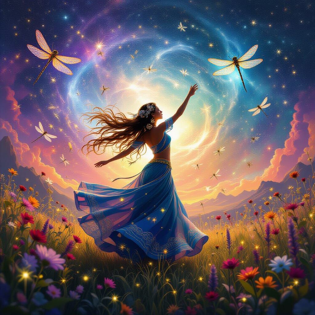 Astral Figure Dancing with Dragonflies: Holographic Illustra...