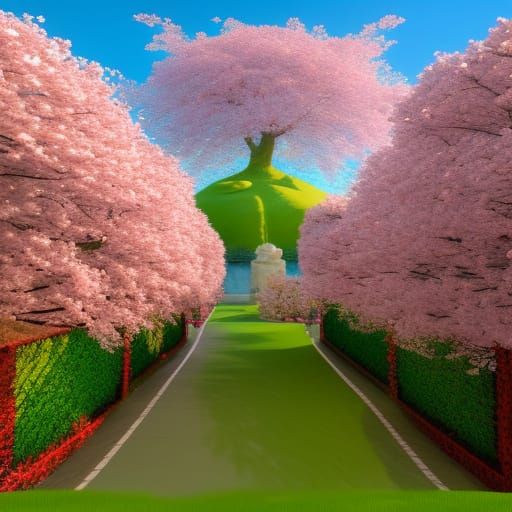 Cherry Blossom Hedge Maze in Detailed Matte Painting