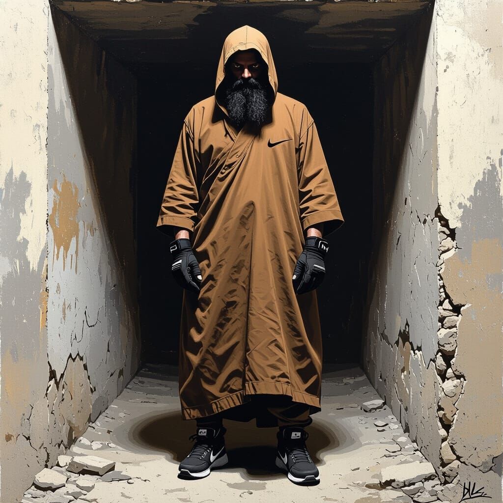 Rebel in Djellaba and Nike TNs in Dark Cave, Banksy-Inspired