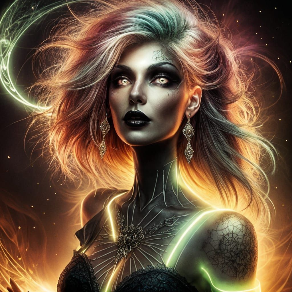 Glowing Gothic Punk Lady in Metal Horror Style