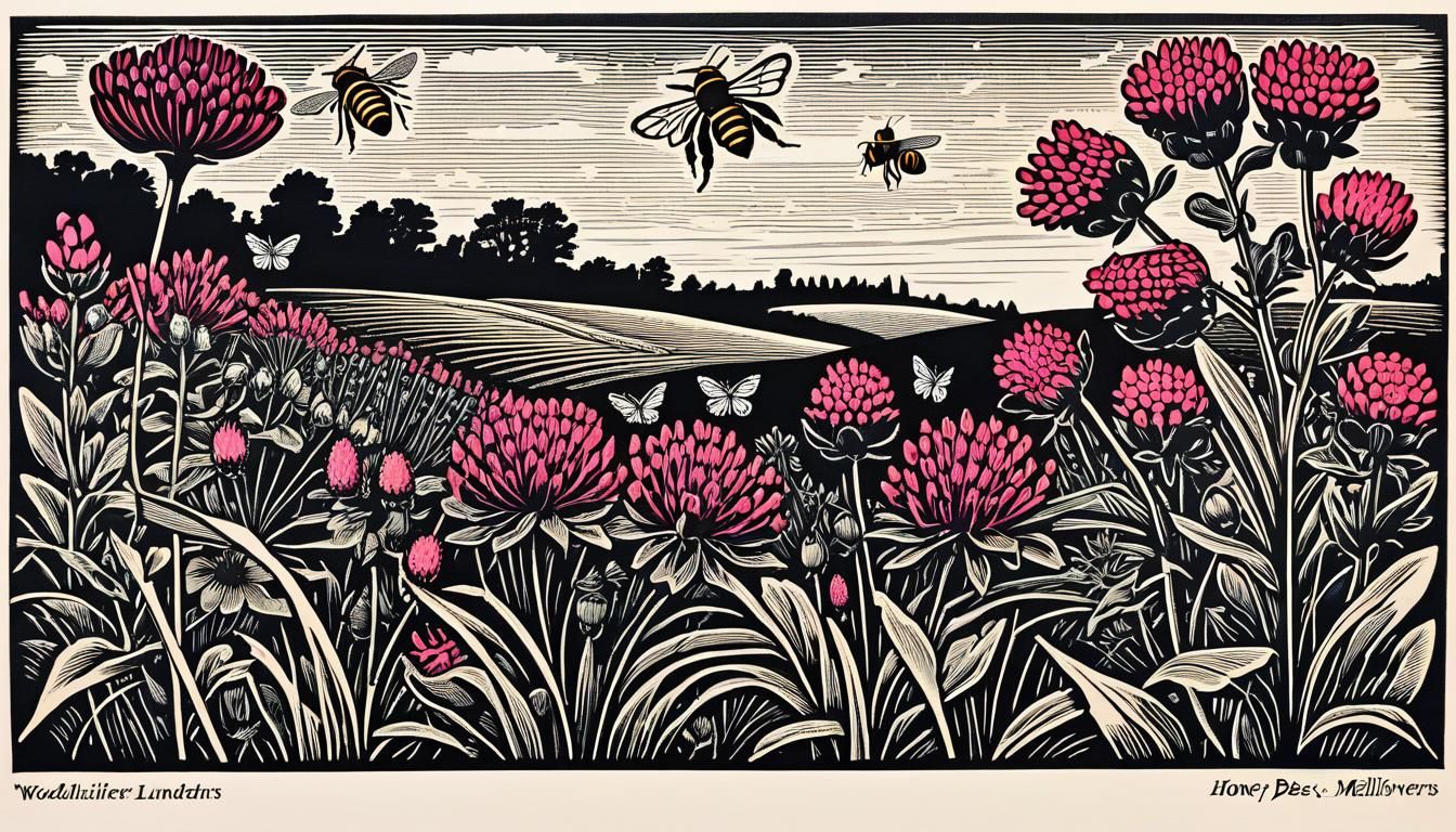 Honey Bees and Wildflowers in Woodcut Style