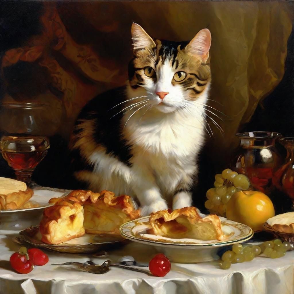 Delighted Cat Steals Pie in Dutch Master Still Life