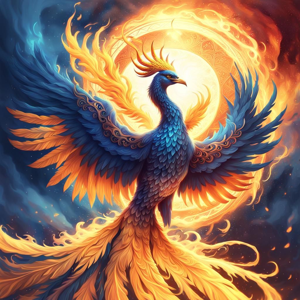 Crowned Phoenix Ablaze Under Mystical Sun
