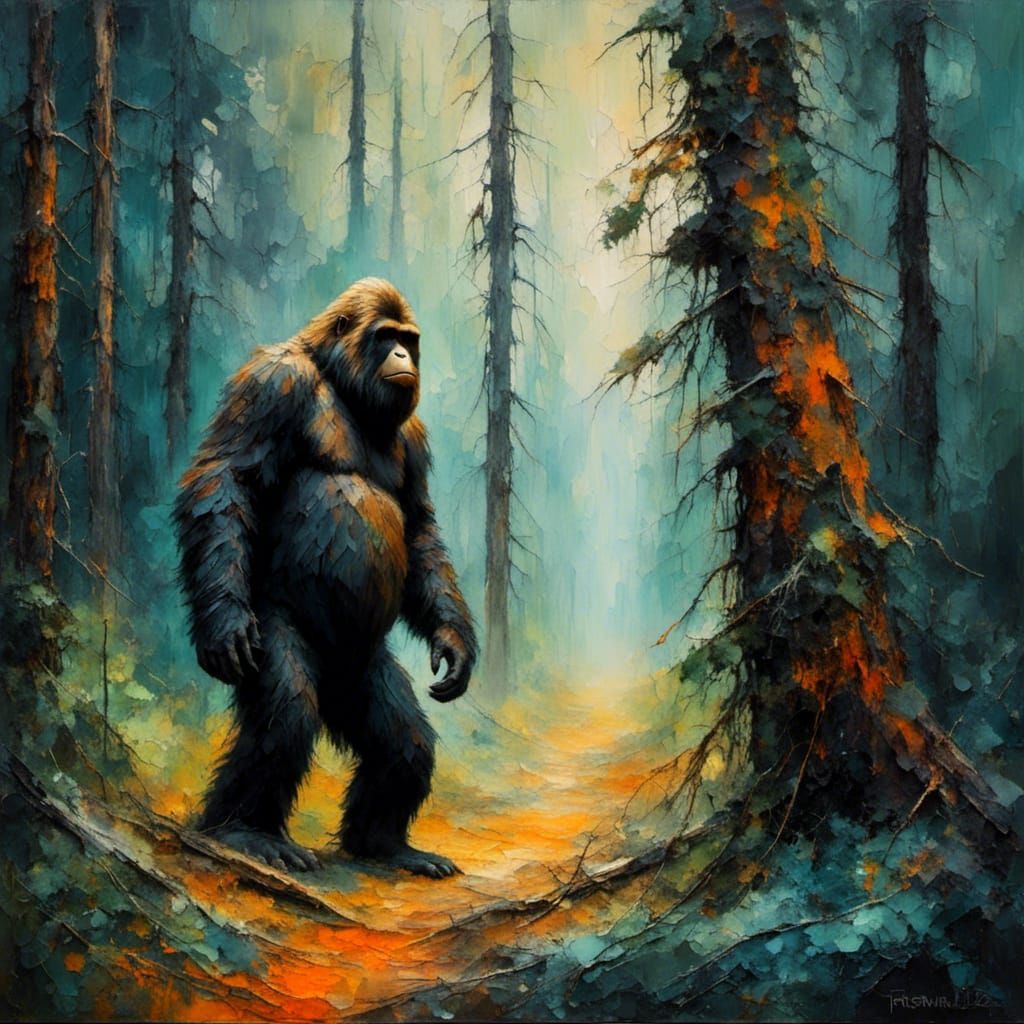 Sasquatch in Pine Forest: Expressionist Oil Painting