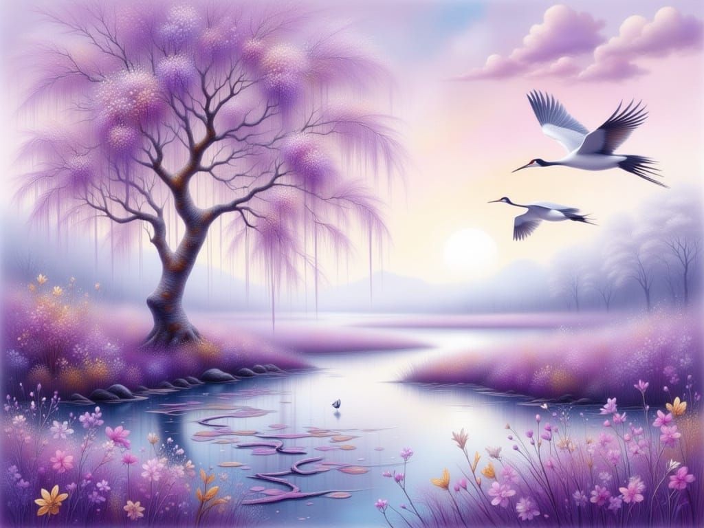 Bamboo Tree in Violet Marsh with Cranes