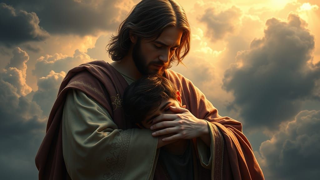 Jesus Comforts a Distraught Youth in Majestic Robes