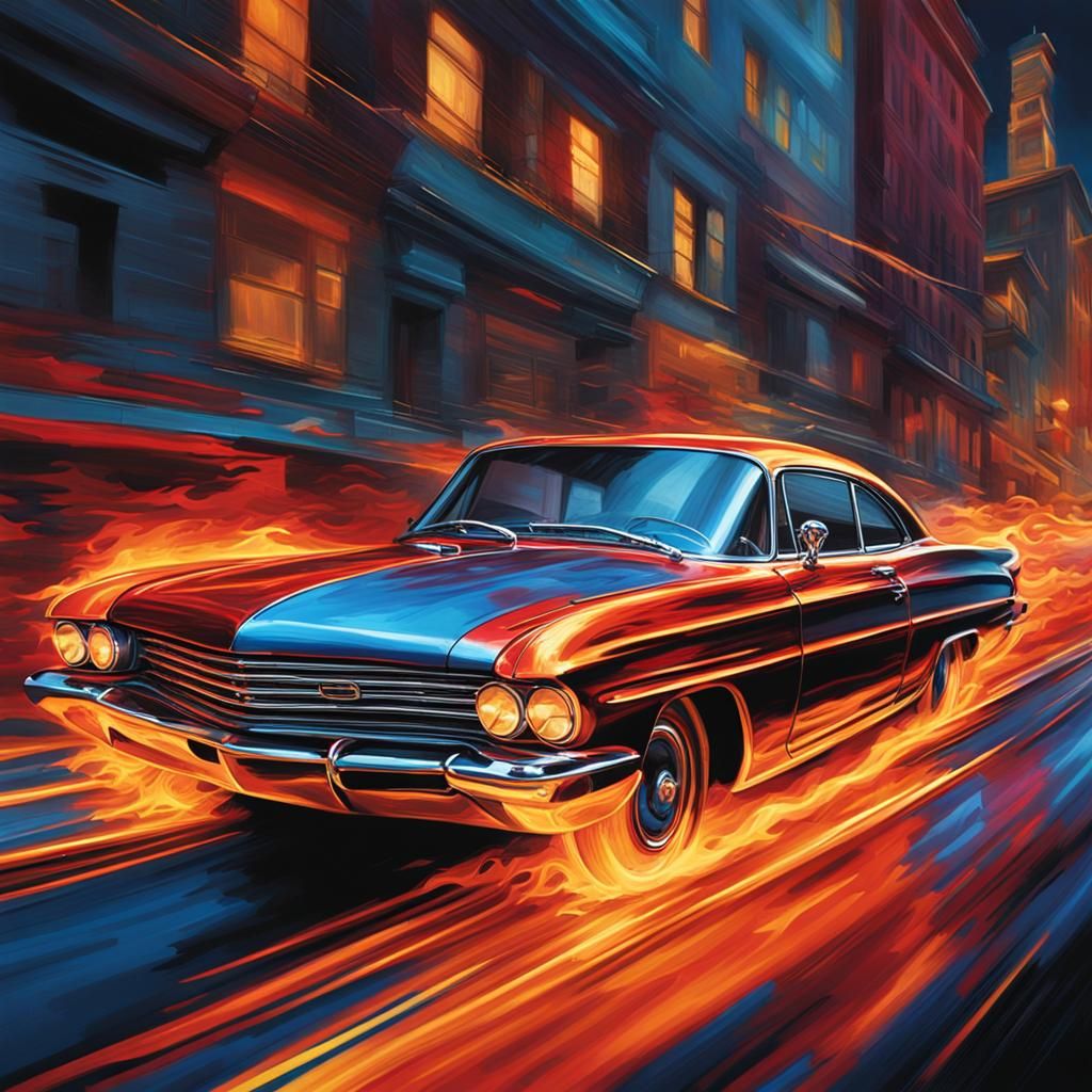 Vintage Car Speeding Through Fiery Urban Landscape