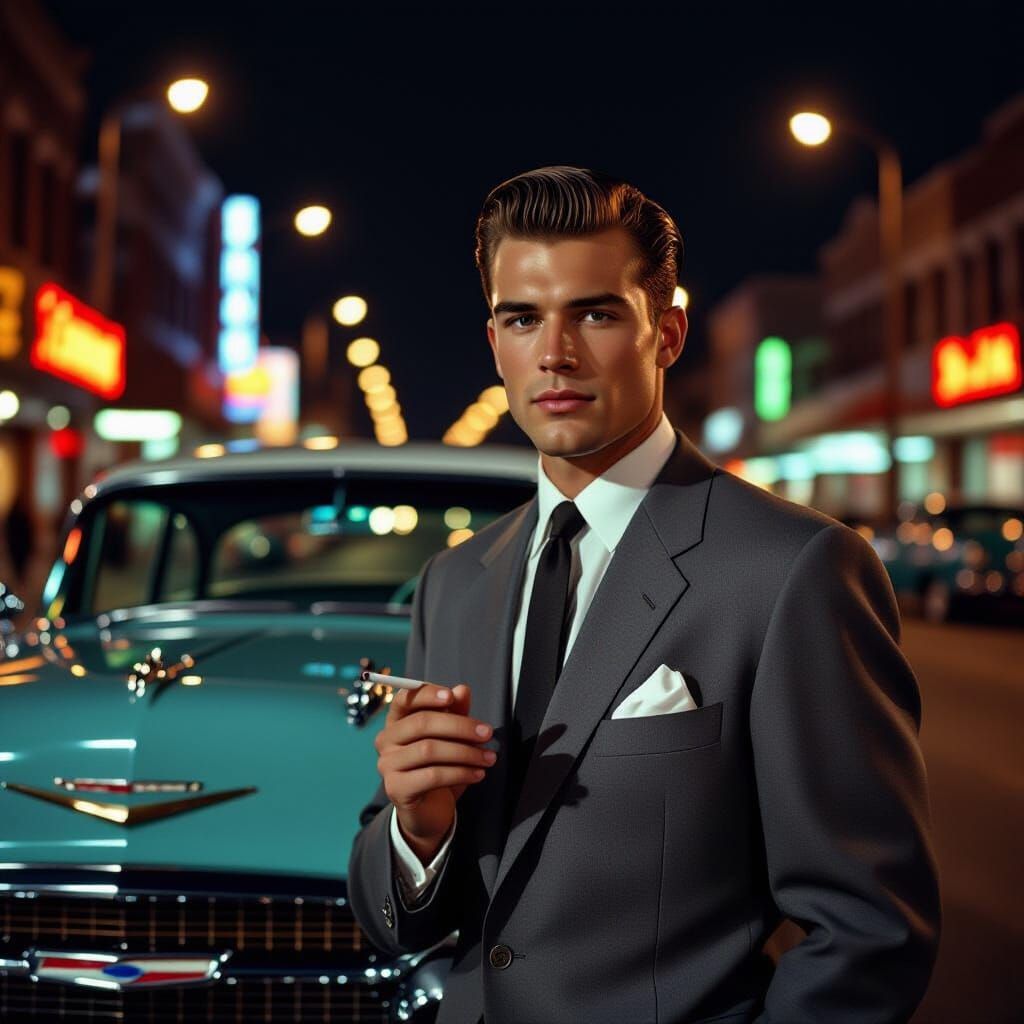 1950s Film Still: Man with Bel Air in City