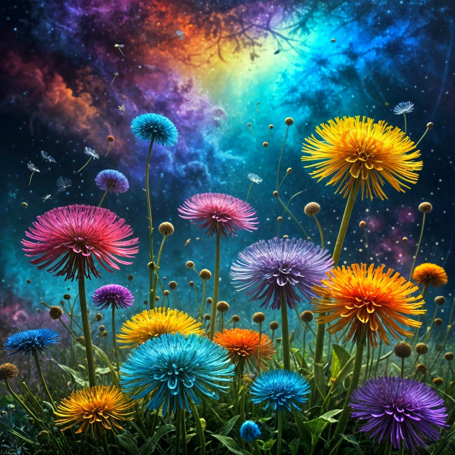 Surreal Vortex of Rainbow Dandelions