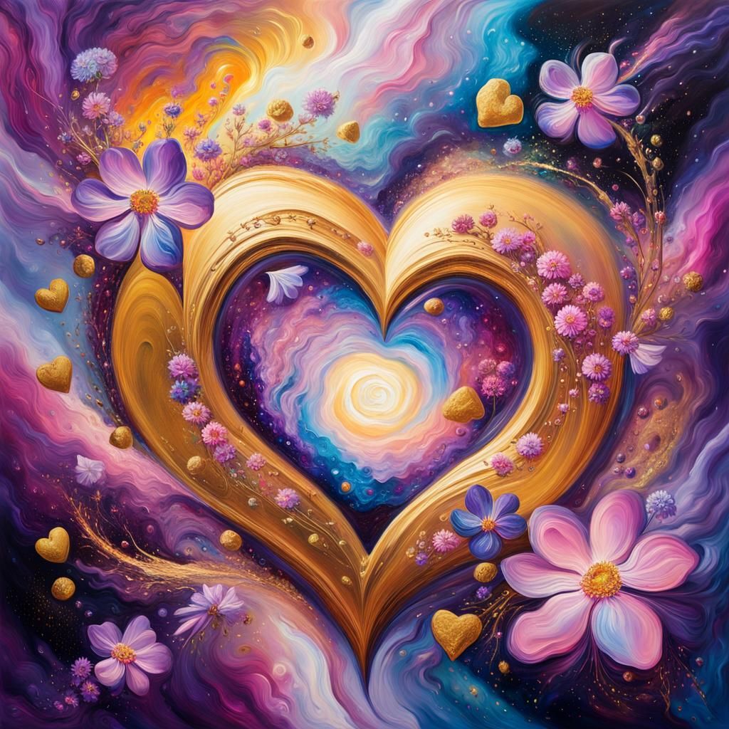 Cosmic Heart Surrounded by Flowers in Space