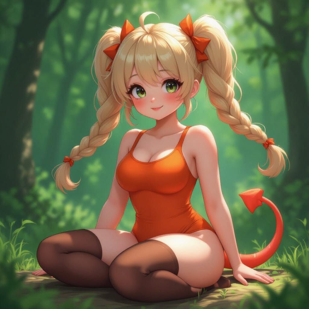 Anime Girl with Tail in Forest, 3D Art Style