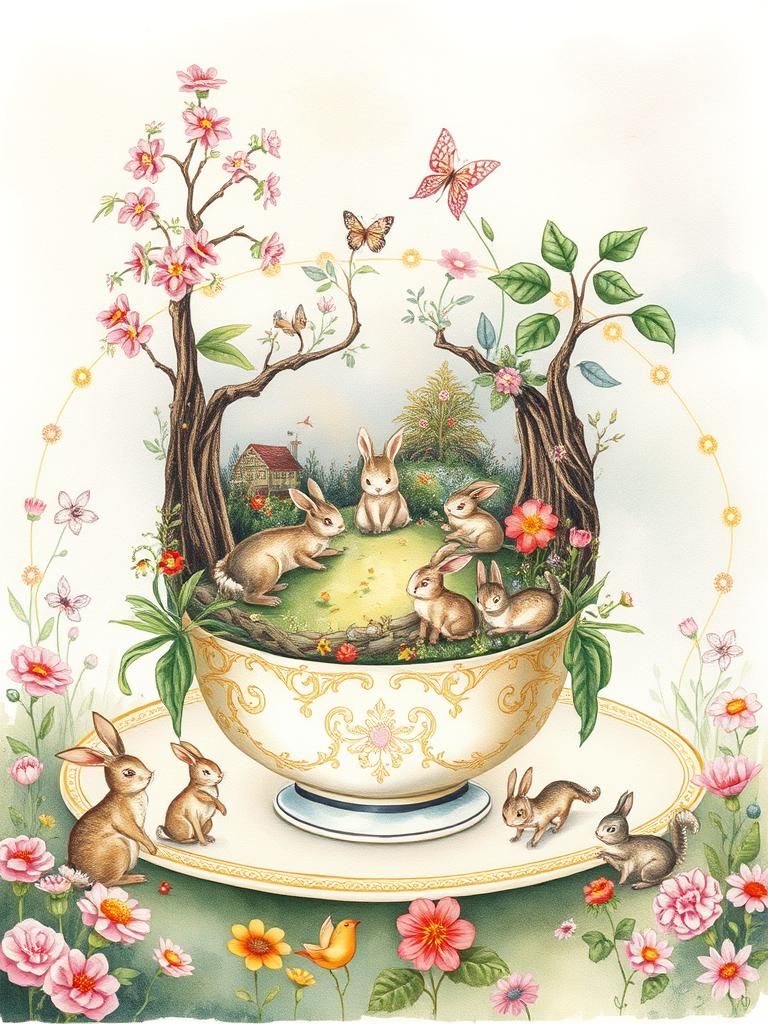 Enchanted Teacup Garden: A Whimsical Watercolor Painting