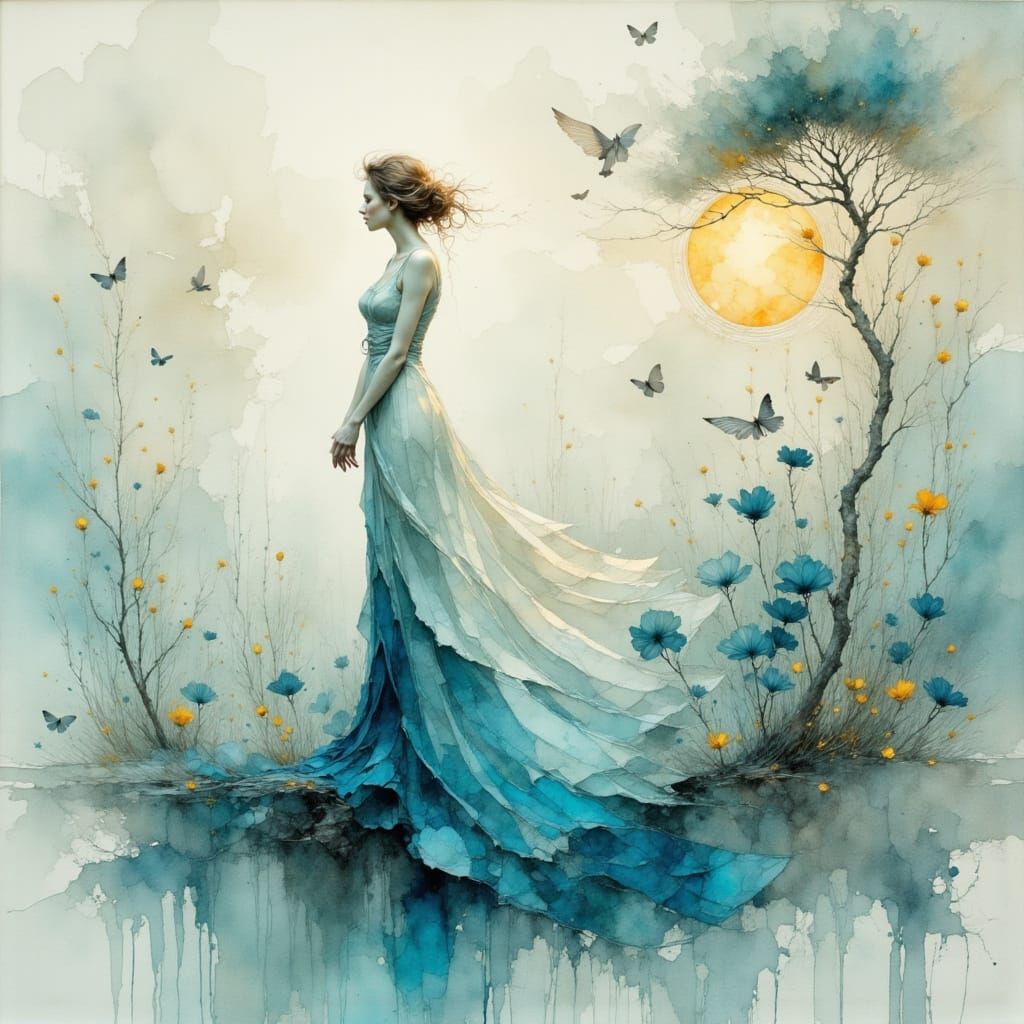 Melancholy Woman in Watercolor Hues as Impasto Painting