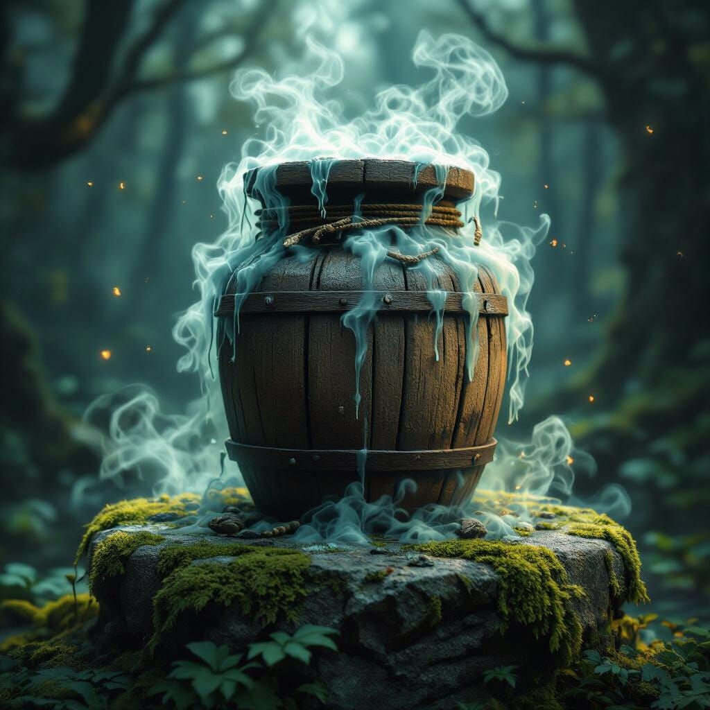 Mystical Jar Overflowing with Ethereal Mist in Ancient Fores...