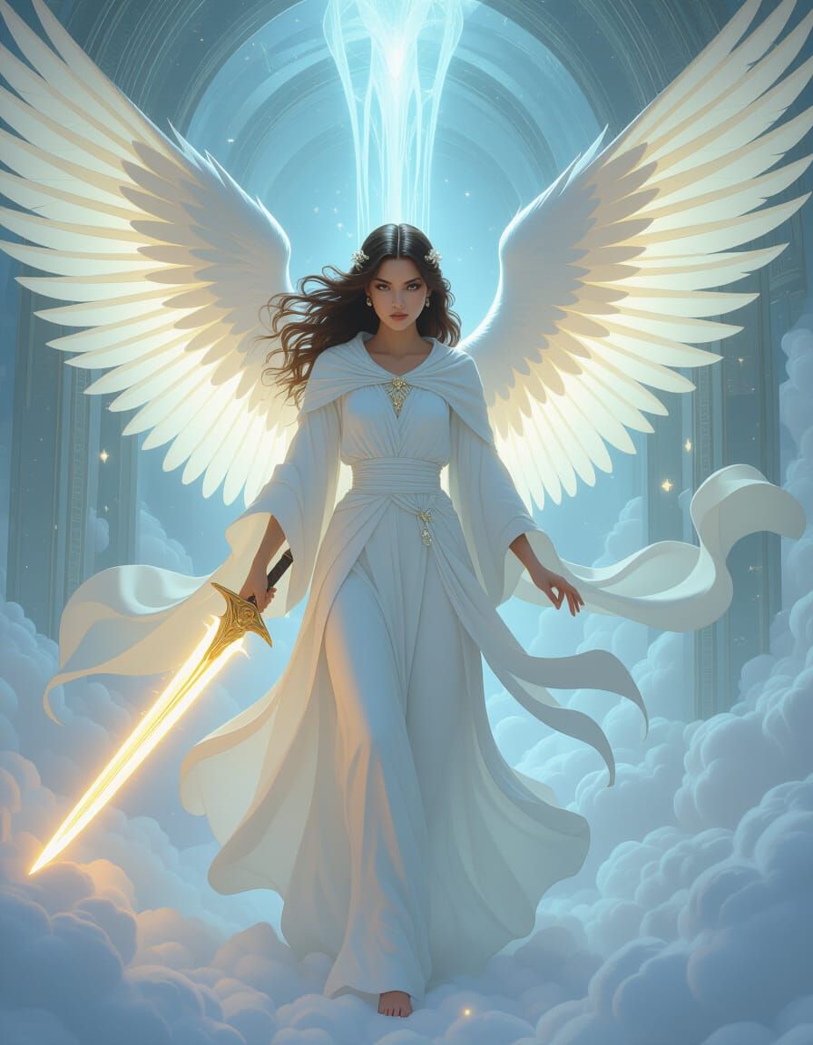 Heavenly Cherub Wielding a Glowing Sword