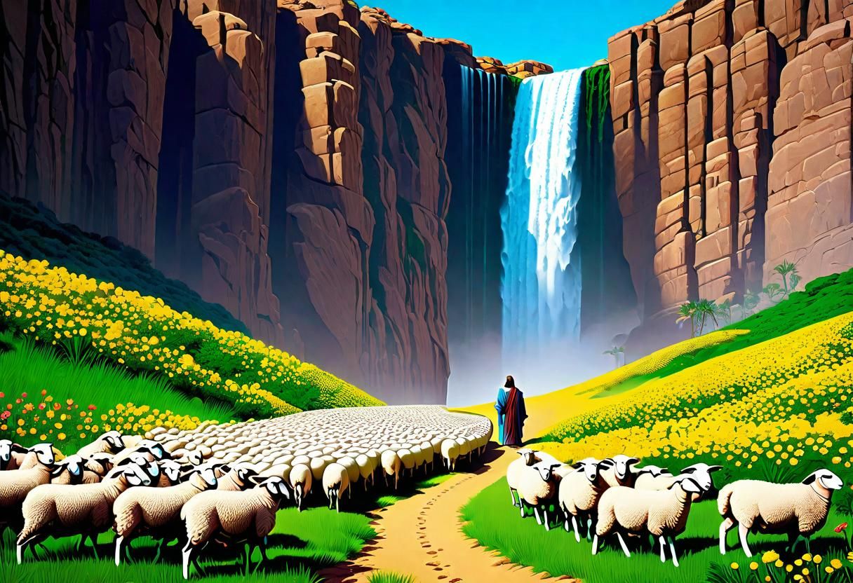 Jesus as Shepherd in Lush Desert, Impasto Gouache Style