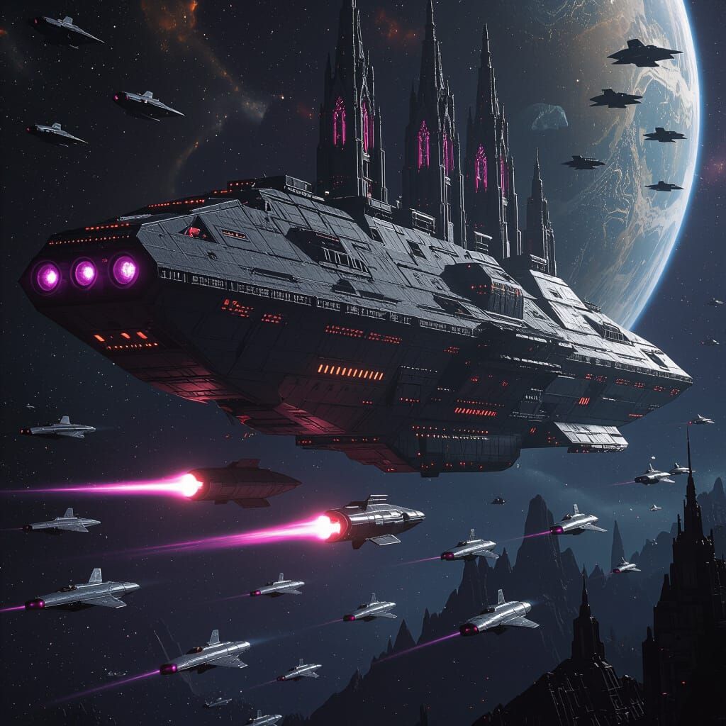 Colossal Armored Spaceship over Binary Star System