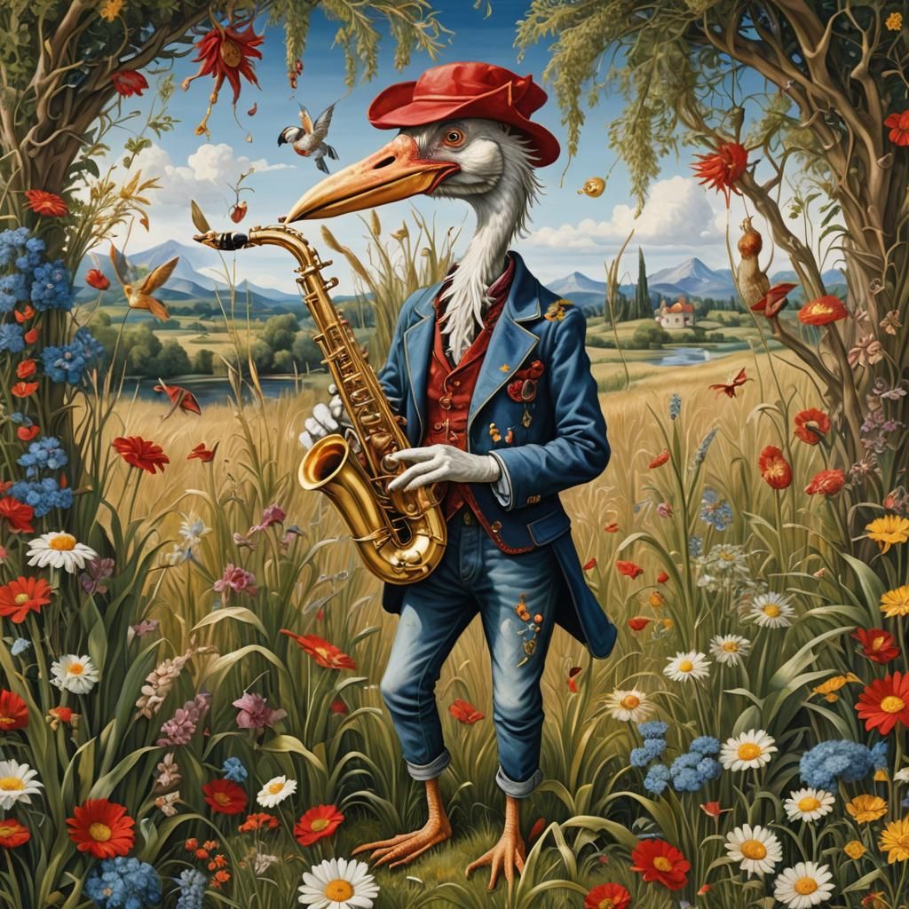 Stork Creature Plays Saxophone as Impasto Painting