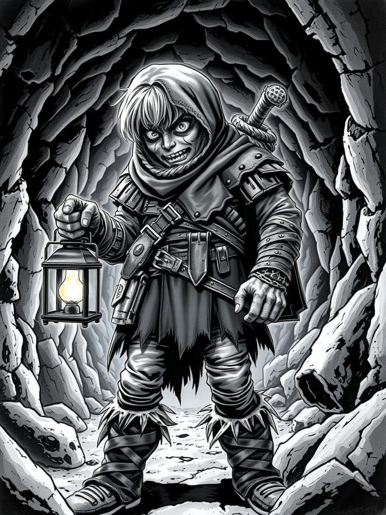 Frightened Explorer in Dark Dungeon: Inked Black and White P...
