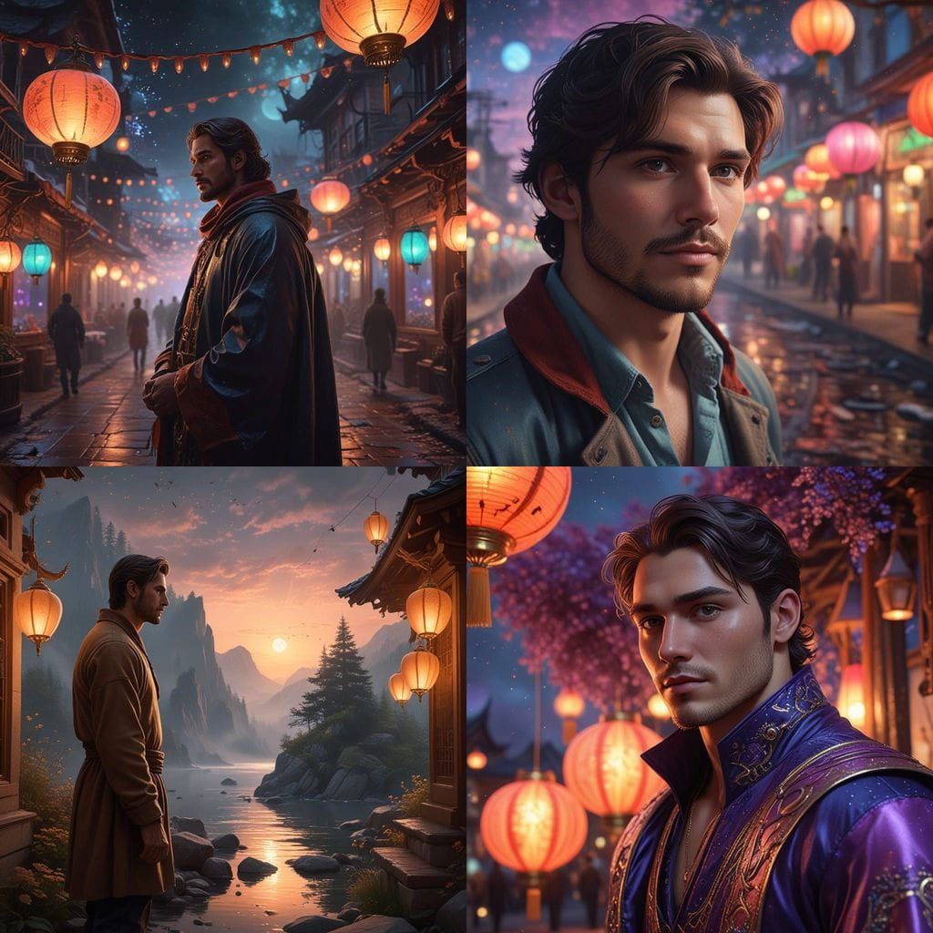 Epic Digital Painting of a Man Amidst Moonlit Lanterns in a....