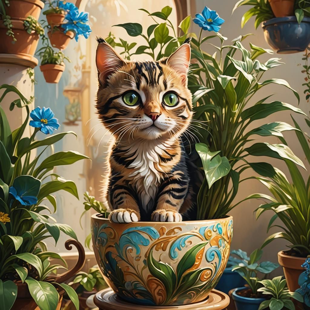 Cute Cat Emerges from Pot: Whimsical Oil Painting
