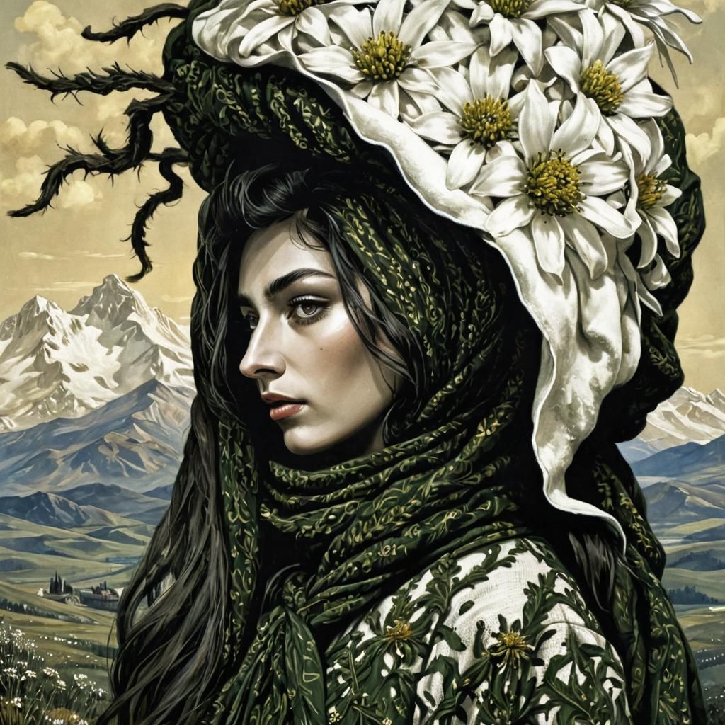 Mysterious Woman in Whimsical Siberian Landscape